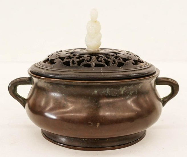 Chinese Bronze Censer with Cover Jade Finial