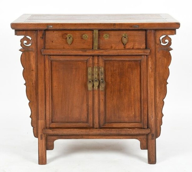 Chinese Carved Elm Low Cupboard