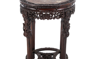 Chinese Carved Hardwood & Marble Inset Tabouret