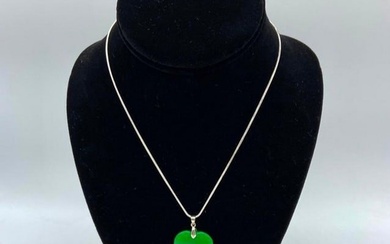 Chinese Green Jade Heart Pendant With 925 Necklace