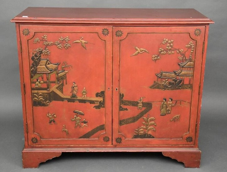 Chinese Red Cabinet, 2 Chinoiserie Paneled Doors, 37"h