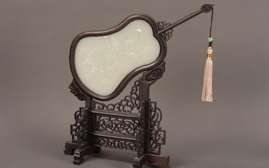 Chinese White Jade Fan on Stand
