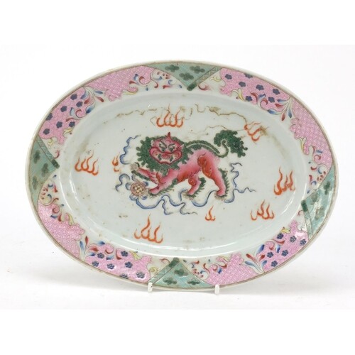 Chinese porcelain oval dish, finely hand painted in the fami...