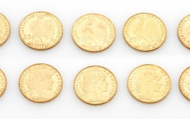 Cinq pièces de vingt francs en or à l'effigie du coq français : 1906, 1907,...