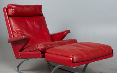 Cor, armchair/swing chair with ottoman, model 'Sinus', flat steel, leather, 1970s, Germany (2).
