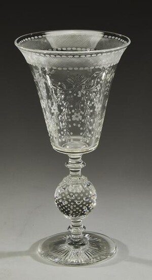 Cut and etched crystal vase, of goblet form, 12"h