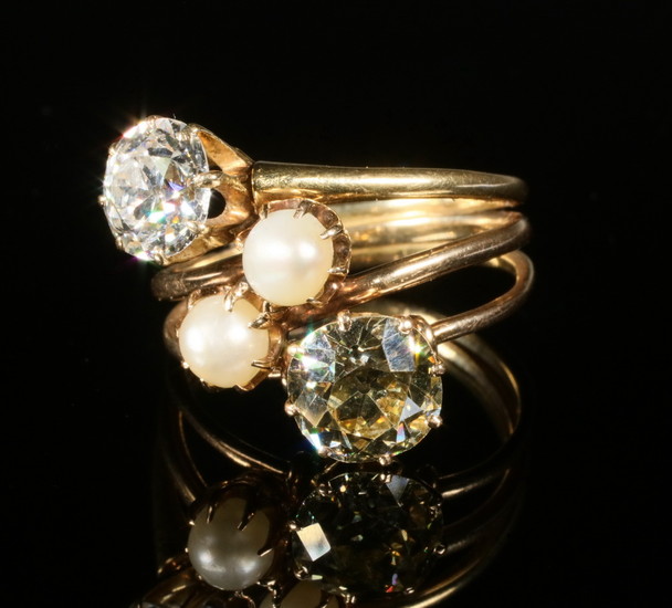 DIAMOND & PEARL TRIPLE BAND RING, 14K YELLOW & ROSE