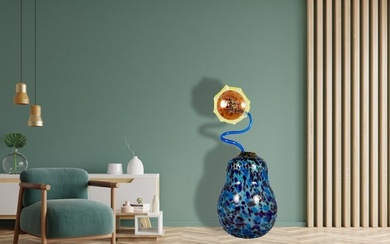 Dale Chihuly Original Large 45" Azure Blue Ikebana Vase with Sunflower Hand Blown Glass Sculpture