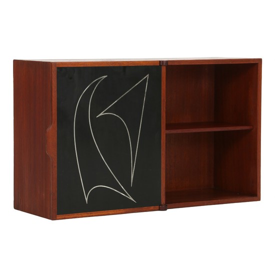 Danish design: Wall mounted teak cabinet. Front with shelves and door with black formica indlaid with metal decoration. H. 45 cm. W. 75 cm. D. 24 cm.