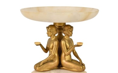Deco Tazza, Figural Bronze Supports with Alabaster Tops & Base, 6 1/2"h x 8"dia