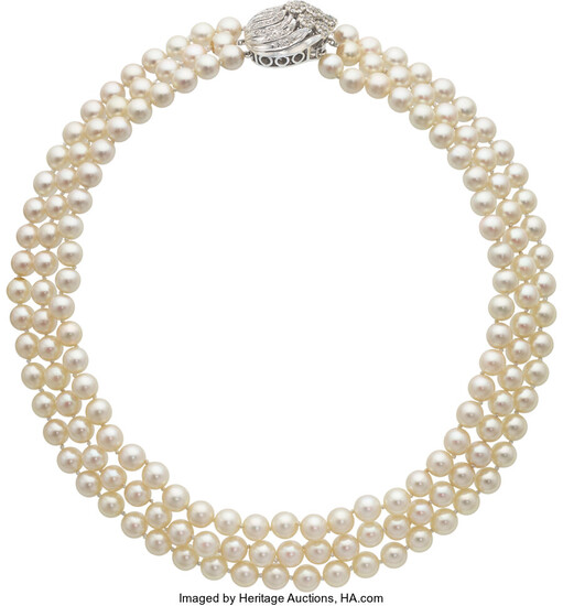 Diamond, Cultured Pearl, White Gold Necklace The necklace is...