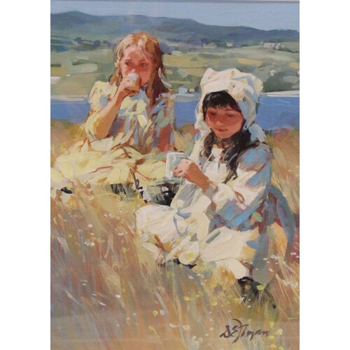 Dianne E. Flynn (British, b.1939), Two girls on a hilltop, ...