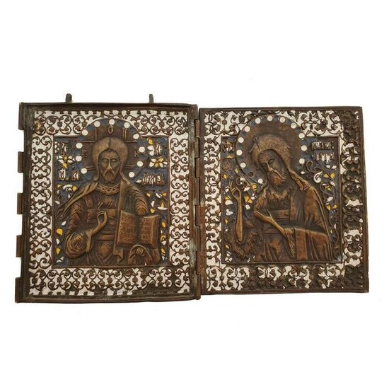 Double Panel Antique Russian Bronze Icon"Christ And