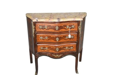 Dutch Marquetry, 19th c, 3 Drawer Serpentine Chest and Marble Top (Cracked, 2pcs.)
