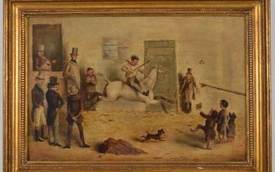 Early 19th century Anglo-American school horse auction genre scene painting. Satirical figures