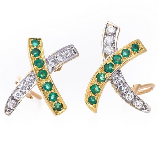 Earrings 18K gold Emerald and Diamond vintage "X" Design