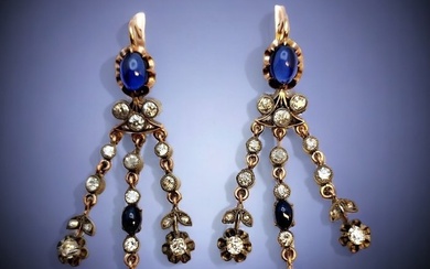 Earrings - Antique Pendant Earrings Russian 56 Gold Diamonds Natural Topazes Circa 1890