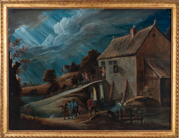 Ecole Hollandaise XVIIIème, Scène de village, Aquarelle sur papier, 69 x 90 cm