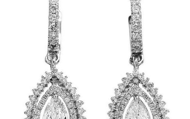 Estate Pear Cut Diamond 14K White Gold Hoop Dangle Drop Earrings