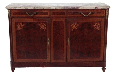 FRENCH BURL WALNUT AND INLAID MARBLE TOP SERVER WITH BRONZE...