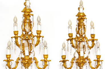 FRENCH GOLD BRONZE SCONCES, C. 1980, PAIR, H 25", W 15"