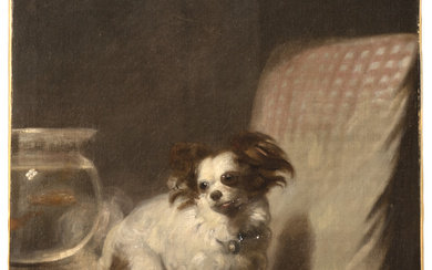 FRENCH SCHOOL, EARLY 19TH CENTURY A Papillon spaniel, seated on a covered chair next to a goldfish bowl