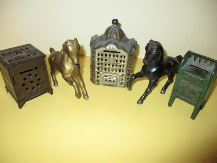 Five Vintage Cast Iron Toy Banks