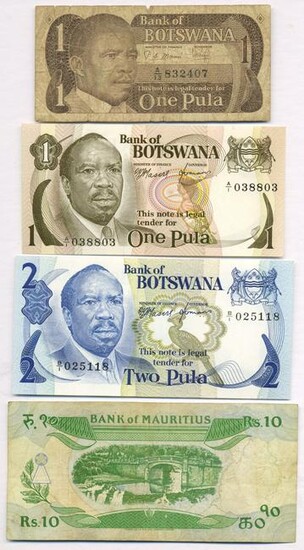 Four (4) African Banknotes - Botswana and Mauritius