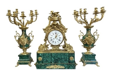 French Louis XVI Style Malachite and Bronze Clock Set