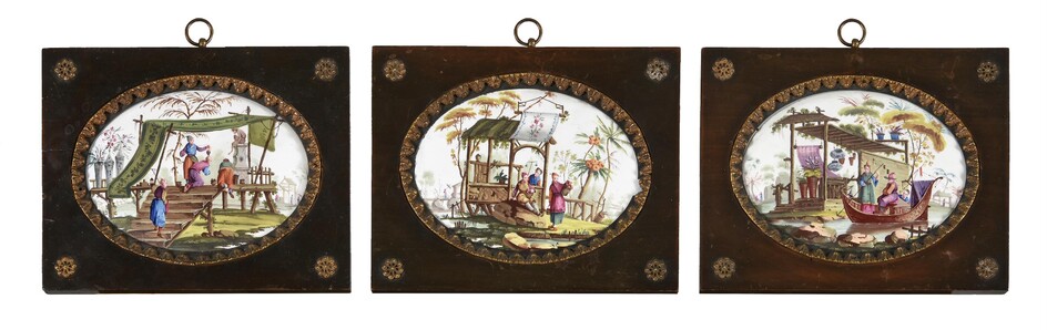 French School (mid-18th century), Three Chinoiserie oval panels (3)
