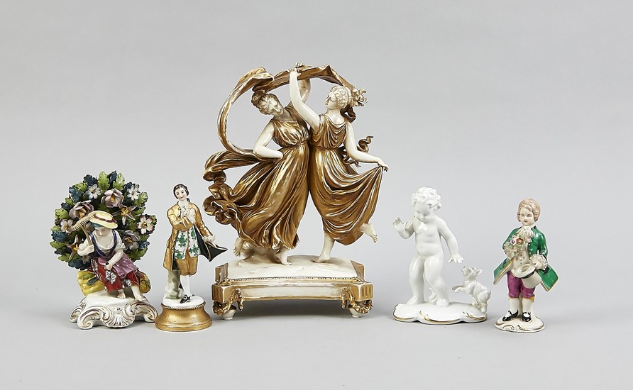 Five figurines, German, 20th century, two dancing muses,...