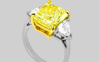GIA Certified 4 Carat Fancy Intense Yellow Cushion Cut Diamond Ring