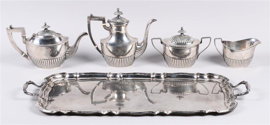 GORHAM SILVER CRESTED FOUR-PIECE TEA SET AND BARKER BROS. SILVER CRESTED RECTANGULAR TWO-HANDLED TRAY, BIRMINGHAM 1936