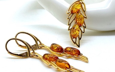 Genuine amber set - pendant & earrings in sterling silver 24 gold plated - Amber - Baltic amber - succinite