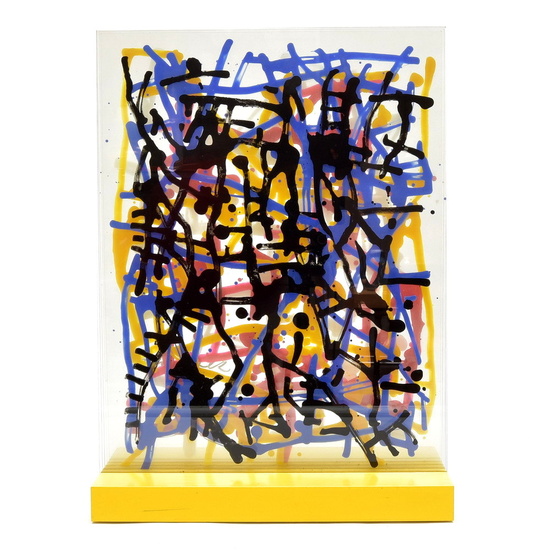 Glass object "Window-all-piece", five painted glass plates on yellow mdf...