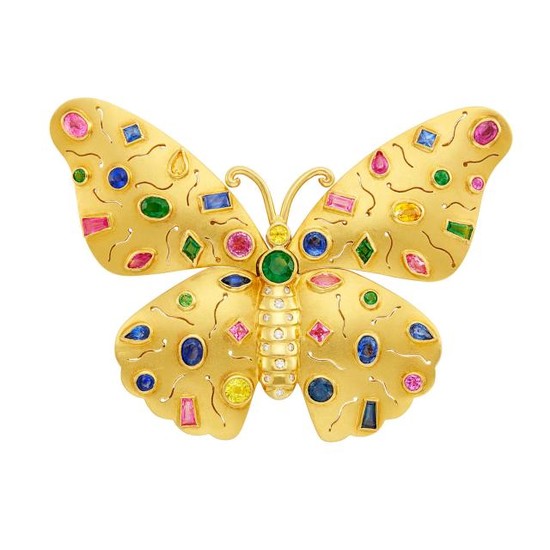 Gold, Multicolored Sapphire and Diamond Butterfly Pendant-Brooch