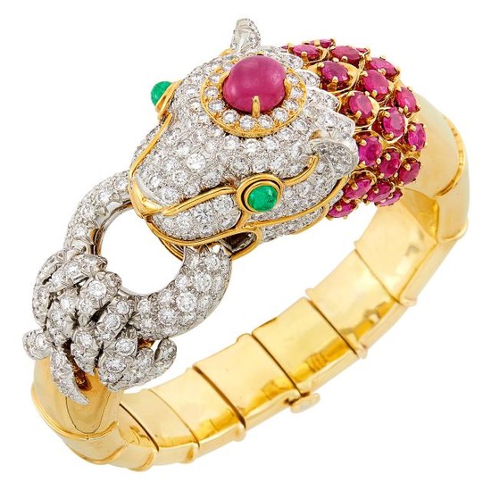 Gold, Platinum, Diamond and Ruby Lioness Bangle Bracelet, David Webb