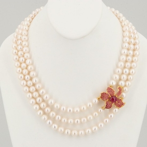 Gold Wash on Sterling Cultured Pearl, Synthetic Ruby and Ruby Flower Necklace