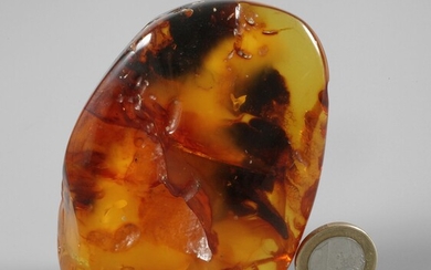 Grand ambre brutÂge indéterminé, segment partiellement poli avec des inclusions nuageuses, G env. 110,8 g,...