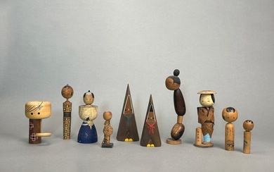 Group of Ten Japanese Wood Dolls, 20th Century