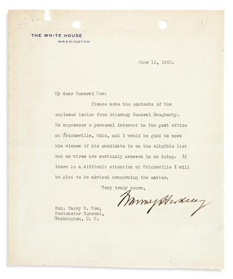 HARDING, WARREN G. Typed Letter Signed, as President