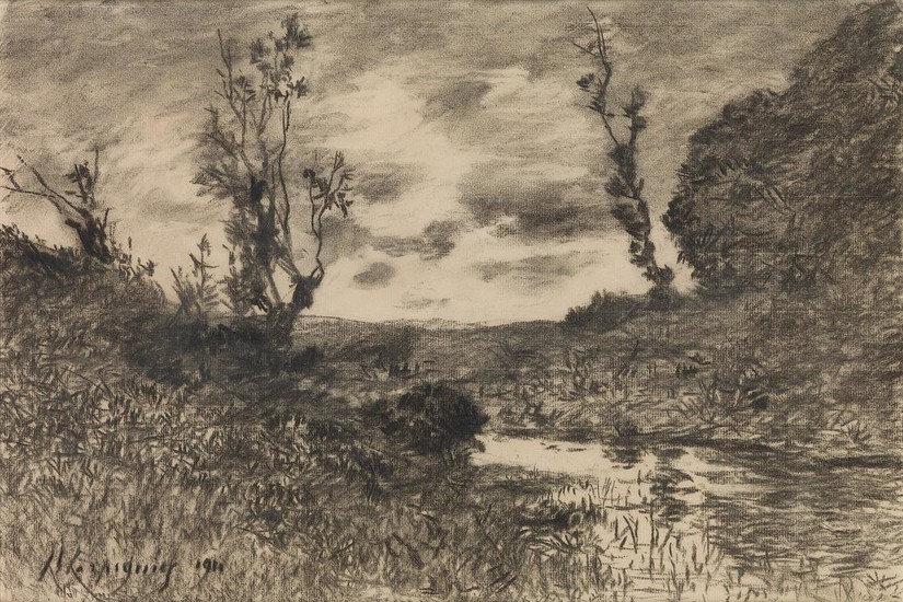 HENRI-JOSEPH HARPIGNIES (Valenciennes 1819-1916 Saint-Privé) A River Landscape. Black chalk on cream laid...