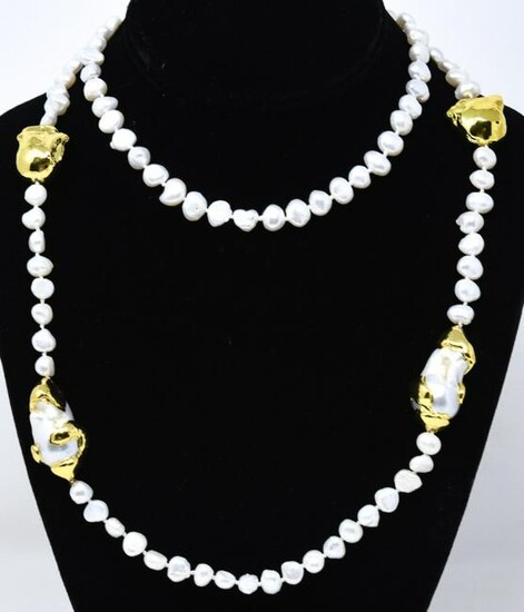 Hand Knotted Baroque Pearl Necklace w Gold Detail