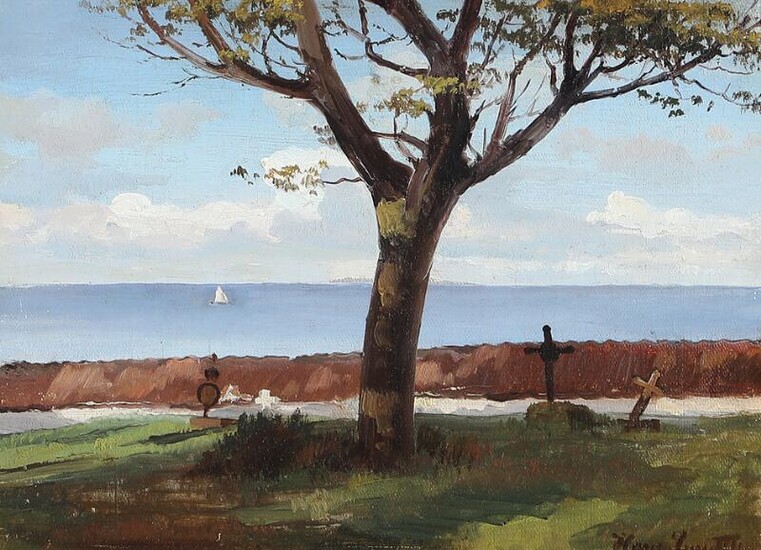 SOLD. Hans Smidth: Coastal scape with graves. Signed Hans Smidth. Oil on canvas laid on panel. 20 x 27 cm. – Bruun Rasmussen Auctioneers of Fine Art