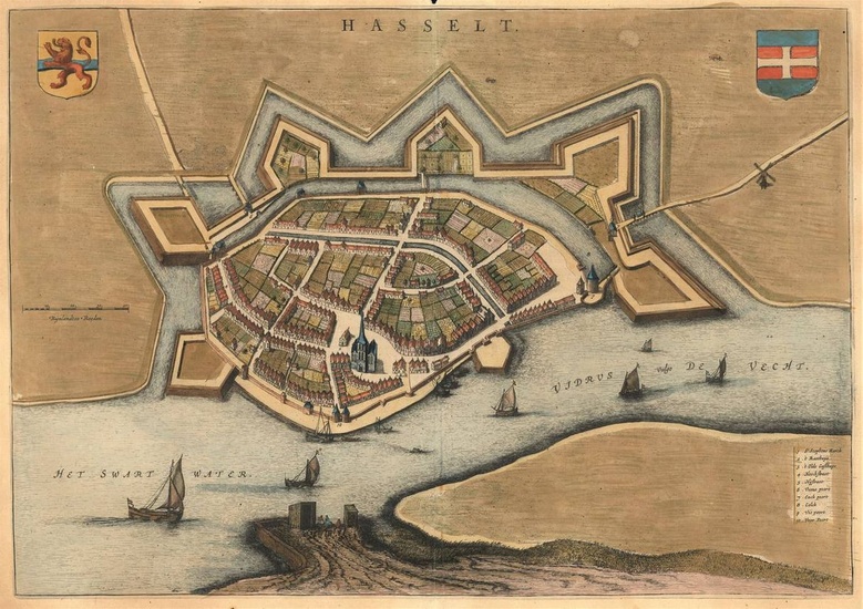 [Hasselt]. "Hasselt". Plan à vol d'oiseau, 35,5x50,5 cm, provenant de BLAEU, Townbooks, ±1650. - Légèrement...
