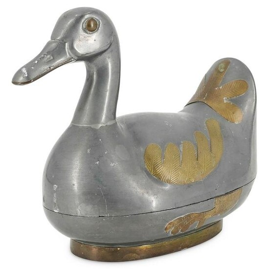 Hollywood-Regency-Style Pewter And Brass Duck Container