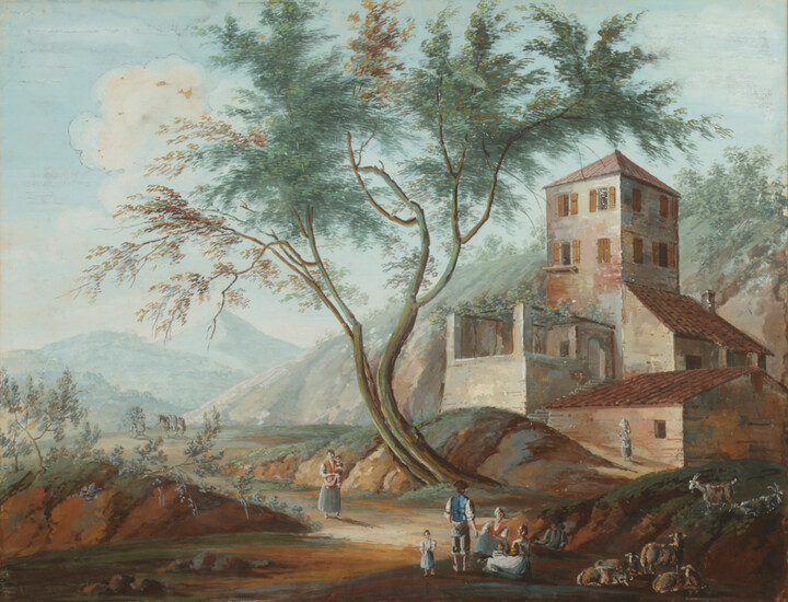 ITALIAN SCHOOL (19th century). RURAL MOUNTAIN LANDSCAPE WITH DWELLING AND...