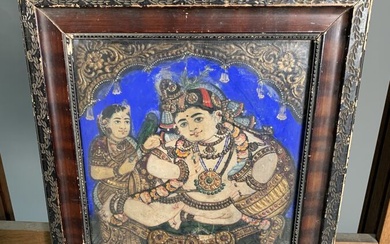 Inde, XIXe siècle Krishna, enfant Huile sur panneau, avec rehauts de peinture dorée stuquée. 30...