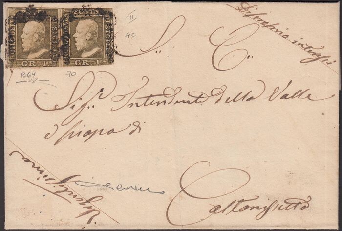 Italian Ancient States - Sicily 1859 - 1 gr. light olive brown, 2nd plate, Naples paper, pair on letter to Caltanissetta - Sassone N. 4c