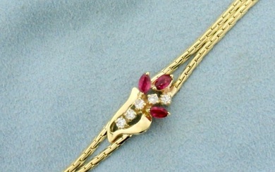 Italian Made 3/4ct TW Ruby and Diamond Flower Design Bracelet in 14K Yellow Gold